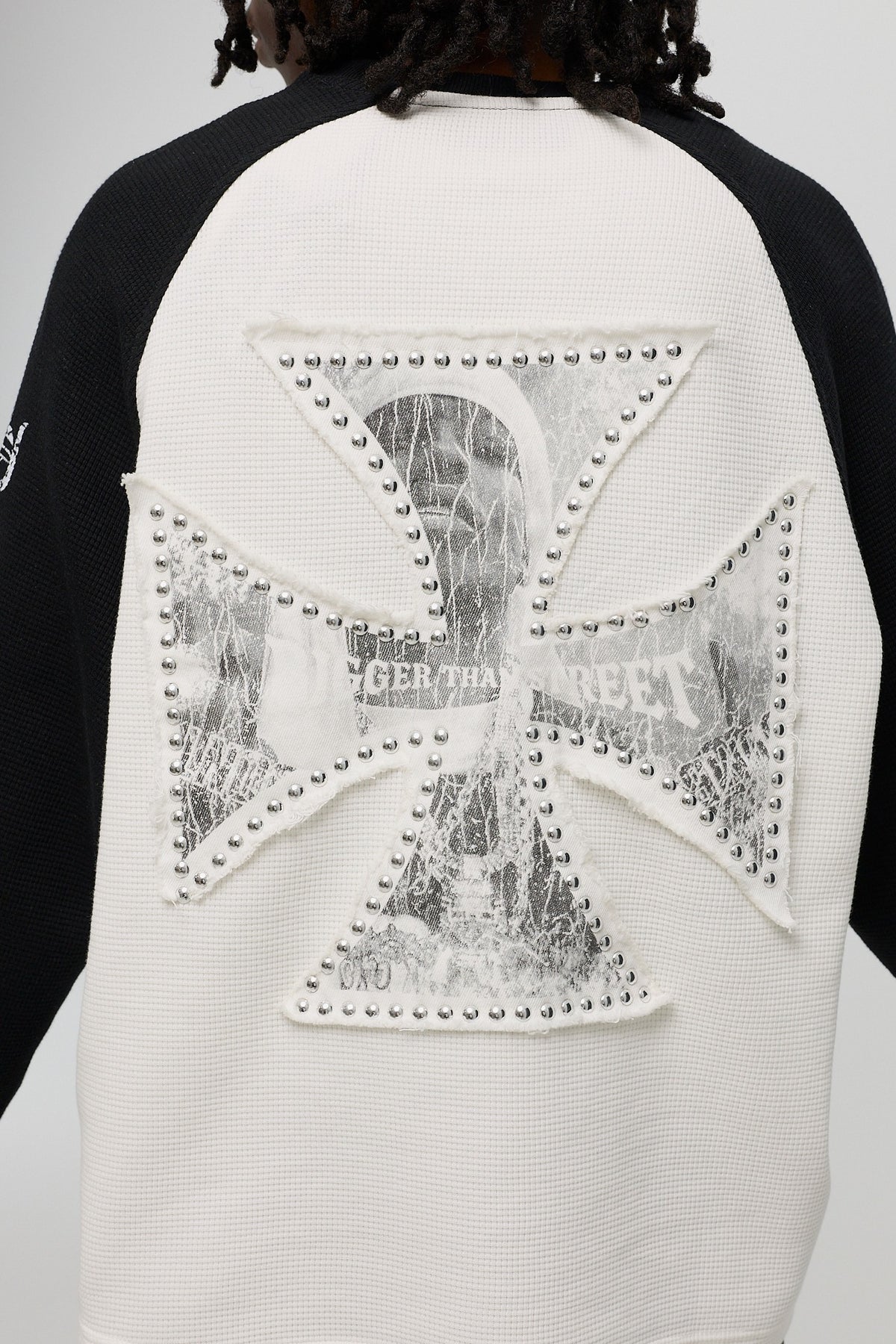 DND Waffle Longsleeve oversized cross back patch and stud detail